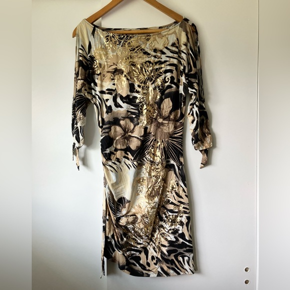 Vintage Cache Animal Print Dress with Gold Detailing and Split Sleeves sz L Glam - Picture 1 of 10